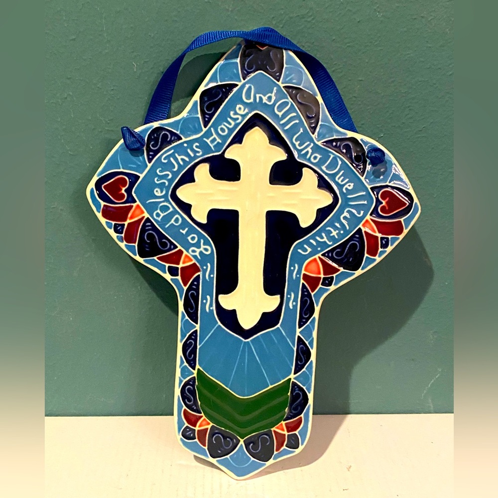 Vtg J Duban Designs Hanging Ceramic Tile Handcrafted Cross Lord Bless This Home
